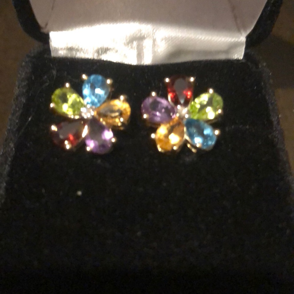14k gold with 5 semi precious stones earrings - Picture 2 of 8